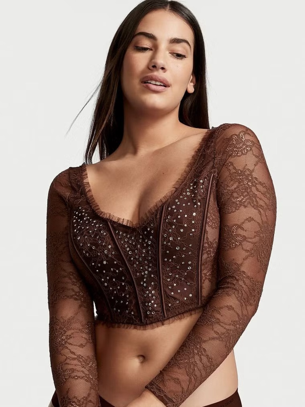 NWT Victoria’s Secret Brown Lace Rhinestone Corset Top S